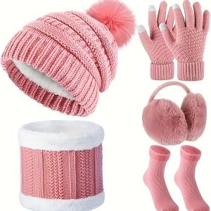 5 Pieces Women Ski Outing Set, Knit Winter Hat Scarf Gloves Earmuffs Stockings (Pink, Classic Style)