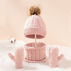 3pcs Kids Knitted Beanie Hat Gloves Mittens Scarf Set Warm Winter Double Pom Pom Cap For Boys And Girls