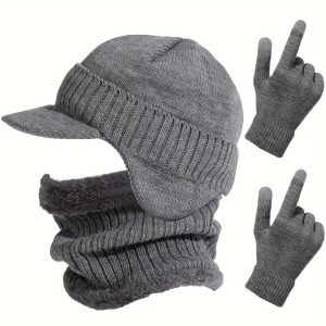 3 Pcs Winter Hat Scarf Glove Set Visor Beanie Hat With Earflaps Neck Warmer And Touch Screen Gloves For Men Women