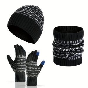 Retro Autumn And Winter Warm Beanie, Scarf, And Gloves Set For Men And Women - Knitted Hat, Touch Screen Gloves - Birthday And New Year's Gift