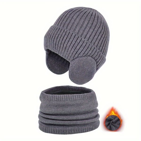 Kids Winter Hat and Scarf Set with Ear Warmers - Knitted Fitted Polyester Beanie Cap for Christmas, Striped Daily Casual Wear for Children Ages 3-14, Hand Washable Toggle Closure Earflap Combo Pack