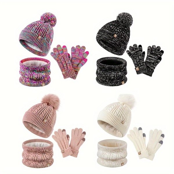 Elegant 3pcs Winter Set for Women: Cozy Fleece-Lined Knit Beanie, Scarf & Gloves - Stretchy, Warm & Windproof