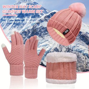 Women's 3-Piece Knitted Set: Touch Screen Gloves, Furry Beanie & Circle Scarf - Winter Comfort and Style