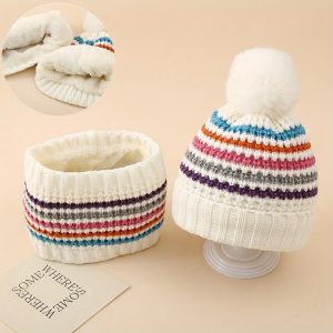 Cozy 2pcs Winter Set for Girls: Colorful Striped Knit Beanie & Scarf - Thick Fleece Lined, Warm & Soft