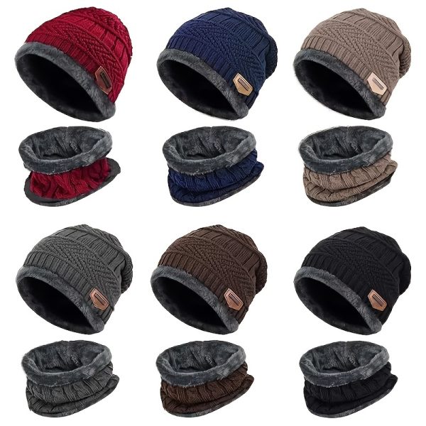 2pcs Winter Warmth Knitted Beanie Hat & Thick Fleece Scarf Set for Men - Soft, Breathable, Thermal Insulation, Windproof, Cold Weather Accessories - Perfect for Outdoor Activities