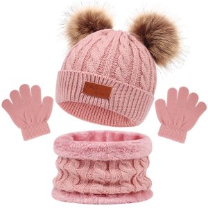 3pcs Baby Knit Pom Pom Hat & Gloves & Scarf Set For Boys And Girls