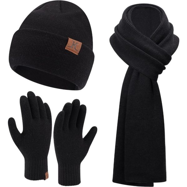 Mens Womens Winter Warm Beanie Hats Long Neck Scarf Touchscreen Gloves Set Knit Skull Caps Scarves Gifts for Women Men