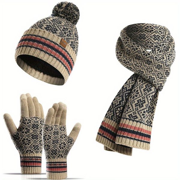 4pcs Fset Autumn Winter Warm Knit Hat Gloves Scarf Set 1pc Fleece Lined Beanie Hat & 2pcs Elastic Split Finger Touchscreen Gloves & 1pc Snowflake Jacquard Scarf Combination