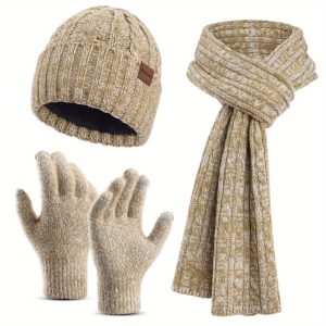 Adult Autumn and Winter Men's and Women's Cold-proof and Warm Set Knitted Hat Plus Velvet Set Gray Versatile Classic Hat Scarf Gloves Three-piece Set