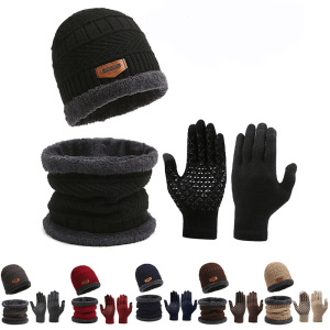 Men's Winter Beanie, Scarf, and Gloves Set - 3pcs Knit Hat with Integrated Neck Warmer, Velvet Lined for Extra Warmth, Polyester, Ideal for Outdoor Activities & Christmas Gifts