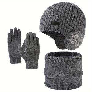 Thickened Men's Knitted Hat, Scarf and Gloves Three-piece Set Winter Outdoor Ear Protection Warm Woolen Hat Set