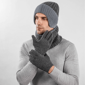 Sporty Acrylic Knit 3-Piece Winter Set - Unisex Beanie, Scarf, and Gloves Combo with Ear Coverage