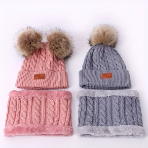 2pcs Kids Plain Color Winter Warm Knitted Hat Scarf Set With Fur Ball