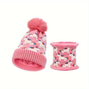 2pcs Fset Knitted Unicorn Hat And Scarf, Winter Warm Fleece Lined Beanie For Outdoor Protection, Kids Accessories