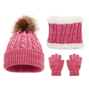 3pcs Fset New Children's Hat, Scarf And Gloves, Autumn And Winter Warm Plus Velvet Scarf Mixed Color Knitted Hat