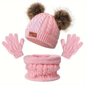 2 Sets Winter Knit Beanie Hat With Double Pom Poms, Neck Warmer Scarf, And Touch Screen Gloves Set, Cozy Fleece Lined Warm Accessories For Women