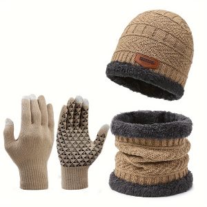 3pcs Fset Cozy Winter Accessories Set - Soft Thick Plush Beanie Hat, Warm Gloves, and Neck Gaiter - Lightweight, Stretchy, Knitted Polyester Fabric, Solid Color, Low-Key Style, Ideal for Halloween Gifts, Hand Washable