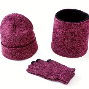 1set Winter Woolen Thickened Warm Knitted Hat Scarf Gloves Three-piece Set