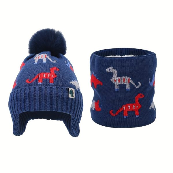 2pcs Winter Boys Warm Fashion Dinosaur Plush Ear Protection Knitted Hat & Scarf Set