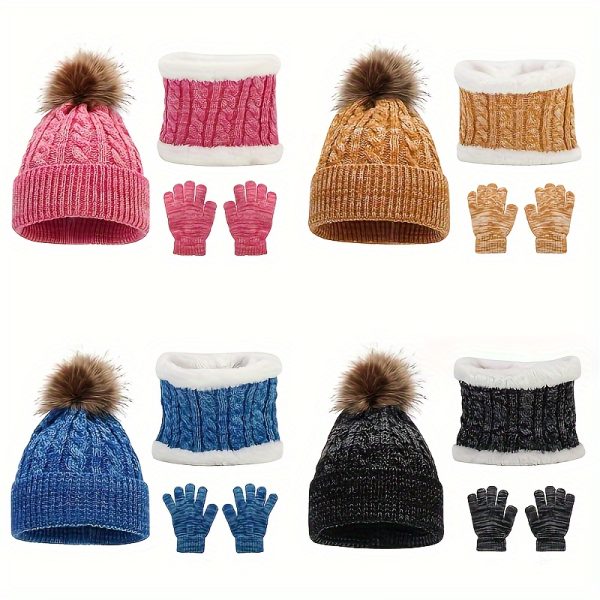 2pcs+1pair Plus Velvet Neck Mixed Color Knitted Hat & Scarf & Gloves For Autumn And Winter