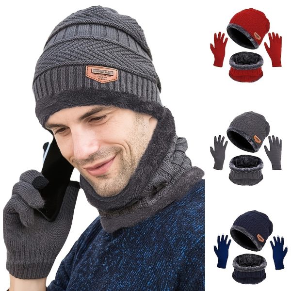 Three-Piece Winter Warmth Set - Velvet Knitted Beanies, Scarves, and Touch Screen Gloves for Men and Women - Soft, Thick, and Cozy Accessories for Cycling and Outdoor Activities