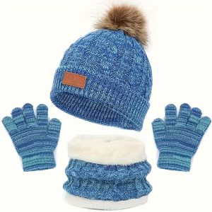 Kids' 3pcs Winter Set: Cozy Knit Beanie with Pom Poms, Scarf & Gloves -, Stretch Fit for Boys & Girls