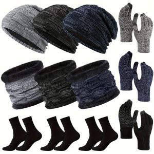 12 Pcs Winter Beanie Hat Scarf Gloves Sock Set For Men, Warm Knitted Skull Cap Fleece Neck Warmer Touchscreen Glove Sock Set