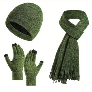 Unisex Winter Knit Beanie, Scarf & Touchscreen-Friendly Handwear Set - Acrylic Warmth Trio, Elastic Fit, Hand Washable