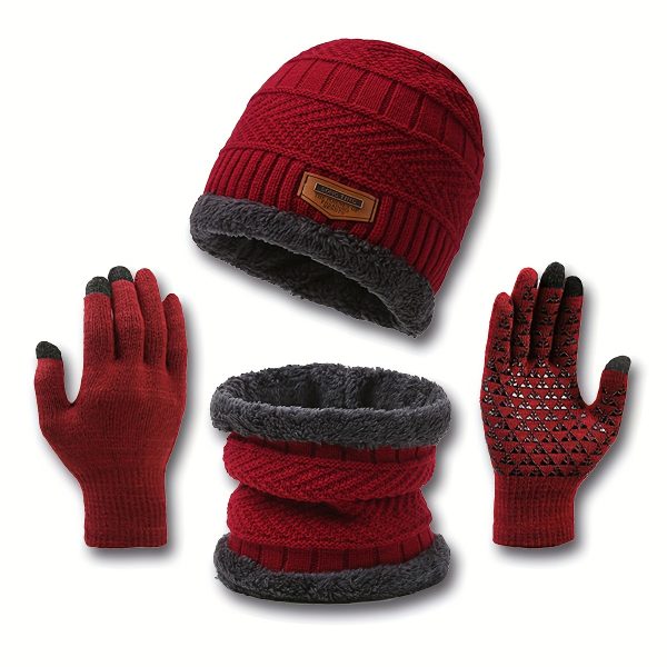 2 Pcs Plus 1 Pair Winter Beanie Set - Men's Warm Knitted Accessories - Snow Hat, Scarf, and Gloves Combo for Cold Weather