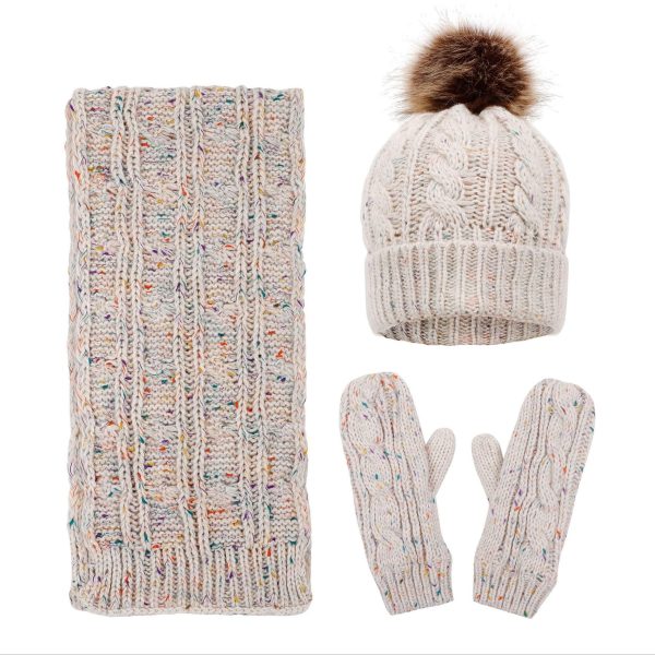 3 Pieces Set Women's Pompom Beanie Hat, Scarf, & Mittens, Winter Accessory Set For Women, Beige Color