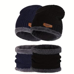 4pcs Winter Set: Knit Beanie & Scarf - Warm, Windproof with Ear Protection for Skiing and Outdoor Activities