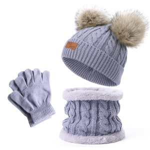 2pcs+1pair Solid Color Winter Baby Hat, Scarf, And Gloves Set - Toddler Bonnet With Cute Pompom, Knitted Hats For Outdoor Warmth - Infant Accessories