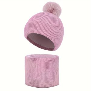 Kids  Beanie Pom Pom Beanie Winter Girls Beanie Hat Infinity Scarf Set_Pink