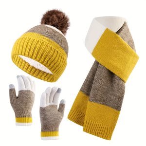 3pcs Color Block Knitted Winter Accessory Set - Cold Weather Gloves - Soft, Thick, Warm, and Water-Resistant for Outdoor Activities and Daily Use