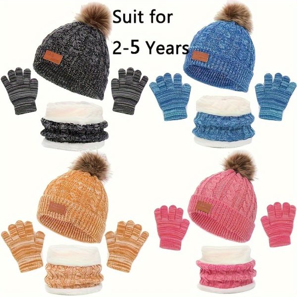 3pcs Fset Winter Children's Warm Plus Velvet Scarf Baby Knitted Hat Hat Gloves For 2-8 Years