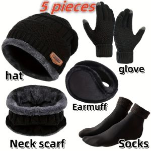 5-Piece Winter Warmth Accessory Set - Unisex Knit Beanie, Neck Scarf, Ear Muffs, Hand Coverings - Polyester, Hand Wash Only, Elastic Fit, Lightweight, for Fall FWinter