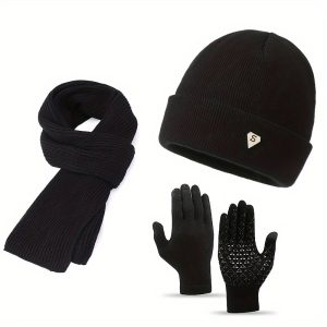 3pcs Men's Fashionable Winter Warm Knit Beanie Scarf Gloves Set - Acrylic Fiber, Solid Color, Hand Wash Or Dry Clean