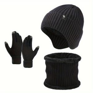 Men's Winter Outdoor Hat Set With Scarf And Gloves, Knitted With Fleece Lining, Windproof And Warm