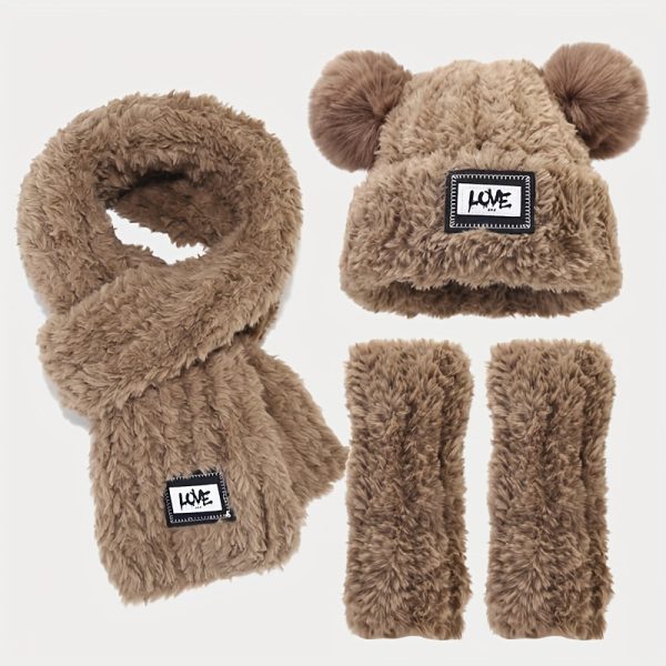 3pcs Fset Label Letter Plush Hat Gloves Scarf Set Autumn Winter Stylish Coldproof Warm Double Faux Fur Ball Knit Hat Scarf Gloves Three-piece Set