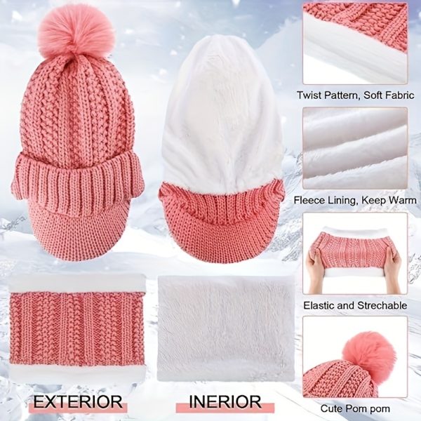 5 Pieces Women Winter Ski Outing Set, Knit Hat Scarf Gloves Earmuffs Stockings