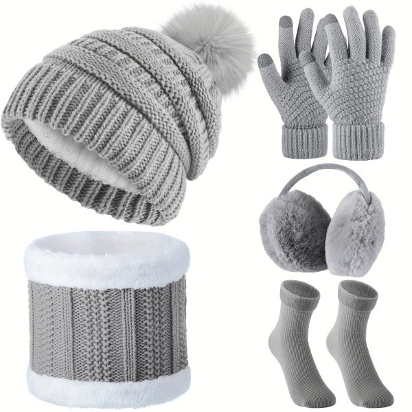 5 Pieces Women Ski Outing Set, Knit Winter Hat Scarf Gloves Earmuffs Stockings (Light Gray, Classic Style)