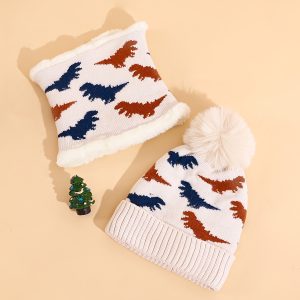 Kids' Dinosaur Knit Beanie & Scarf Set - 100% Acrylic, Breathable Stretch, Fall FWinter Daily Casual Wear - Unisex Children's Birthday Gift, Animal Theme, Knitted Fabric, Dry Clean, Buckle Closure - Ages 3-14