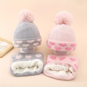 Girls' 2pcs Winter Set: Cozy Fleece-Lined Knit Beanie & Scarf with Cute Heart Design - Pink, Acrylic, Perfect for Ages 3-8