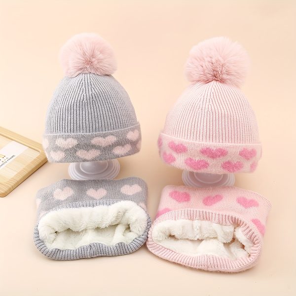 Girls' 2pcs Winter Set: Cozy Fleece-Lined Knit Beanie & Scarf with Cute Heart Design - Pink, Acrylic, Perfect for Ages 3-8