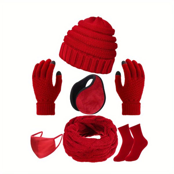 6 Pcs Winter Warm Set Knit Beanie Hat Infinity Scarf Touch Screen Gloves Earmuffs Sock Slouch Knit Hats For Women