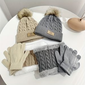 2 Pcs Plus 1 Pair Winter Warmth Knitted Set - Skullies & Beanies for Boys and Girls - Soft, Cozy, Thermal Hat, Neck Scarf, and Gloves Combo for Cold Weather